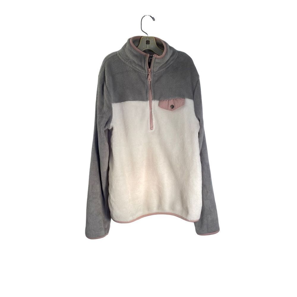 Wallflower women’s 1/4 zip fleece pull over top, pink and gray size small ￼